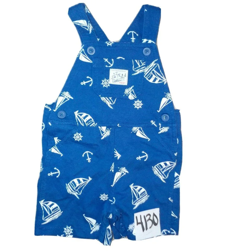 Lot of 2 Carter's Blue Nautical Bib Overalls & 1 Pc Sailing Boat Outfit 18 Mo